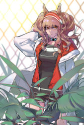 Rule 34 | 1girl, angelina (arknights), animal ears, arknights, arm behind head, black shirt, coat, collar, fence, fox ears, hairband, highres, infection monitor (arknights), jacket, long hair, looking at viewer, mizuno star, open clothes, open jacket, open mouth, plant, red eyes, shirt, shorts, sidelocks, solo, standing, twintails, unzipped, white coat