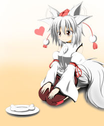 Rule 34 | 1girl, animal ears, bone, breasts, detached sleeves, ear wiggle, gradient background, hat, heart, highres, inubashiri momiji, looking down, pom pom (clothes), red eyes, short hair, silver hair, simple background, sitting, skirt, solo, tail, tokin hat, touhou, wolf ears, wolf tail