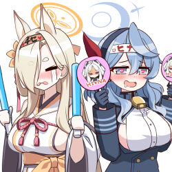 Rule 34 | 2girls, :d, ako (blue archive), animal ears, bell, belt collar, blue archive, blue hair, blush, breasts, cameo, collar, commentary request, crying, detached sleeves, drooling, dual wielding, earrings, extra ears, fox ears, fox girl, glowstick, hair between eyes, hair over one eye, hairband, halo, hand fan, happy tears, headband, heart, heart-shaped pupils, hina (blue archive), holding, holding fan, holding glowstick, japanese clothes, jewelry, kaho (blue archive), large breasts, light brown hair, long hair, long sleeves, looking at viewer, multiple girls, neck bell, o (rakkasei), open mouth, penlight (glowstick), sideboob, sidelocks, simple background, smile, streaming tears, symbol-shaped pupils, tears, thick eyebrows, trait connection, white background, wide sleeves, wotagei