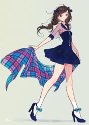 Rule 34 | 1girl, black hair, dress, green eyes, hair ribbon, high heels, highres, long hair, morikura en, original, ribbon, sailor dress, solo