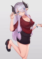 Rule 34 | 1girl, absurdres, alternate costume, bad id, bad pixiv id, black footwear, black skirt, blue eyes, braid, breasts, cleavage, collarbone, commentary request, draph, granblue fantasy, hair ornament, hair over one eye, highres, horns, jmao, knee up, large breasts, light purple hair, long hair, looking down, low tied hair, narmaya (granblue fantasy), pencil skirt, pointy ears, purple hair, shoes, single braid, skirt, solo