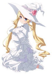 Rule 34 | 1girl, bad id, bad pixiv id, blonde hair, blue eyes, blush, breasts, closed mouth, commentary request, commission, dress, flower, full body, gloves, hair between eyes, hat, hat flower, highres, layered dress, long hair, long sleeves, looking at viewer, medium breasts, original, oueo, pixiv commission, pleated dress, rose, shoes, simple background, smile, solo, twintails, very long hair, white background, white dress, white flower, white footwear, white gloves, white hat, white rose, wide sleeves, witch hat