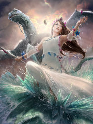 Rule 34 | 1girl, bat wings, blue eyes, bracelet, brown hair, cloud, cloudy sky, crystal, dragon, dress, feathers, flower, gem, hair flower, hair ornament, jewelry, johannes voss, legend of the cryptids, necklace, official art, sky, solo, staff, tiara, water, wings