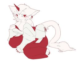Rule 34 | 1girl, cat, female focus, flat color, full body, furry, furry female, higoro, japanese clothes, red eyes, simple background, solo, white background