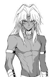 1boy armlet dark-skinned_male dark_skin earrings flowercrabcake jewelry looking_at_viewer male_focus marik_ishtar monochrome neck_brace no_nipples pectorals short_hair solo toned toned_male topless_male yu-gi-oh!