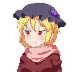 Rule 34 | 1girl, :t, aki minoriko, alternate costume, annoyed, arms at sides, black hat, blonde hair, blush, breasts, cato (monocatienus), commentary request, food-themed hair ornament, furrowed brow, grape hair ornament, hair ornament, hat, looking to the side, medium breasts, mob cap, pink scarf, pout, red sweater, ribbed sweater, scarf, short hair, simple background, solo, sweater, tearing up, touhou, upper body, white background