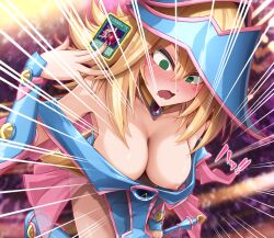 Rule 34 | 1girl, bare shoulders, between fingers, blonde hair, blue footwear, blue hat, blush, blush stickers, boots, breasts, card, card between fingers, choker, cleavage, dark magician girl, duel monster, embarrassed, fang, feet out of frame, green eyes, hat, highres, holding, holding card, holding wand, large breasts, long hair, looking at viewer, nipple slip, nipples, nm (tshell2761), open mouth, pentacle, skin fang, solo, wand, wizard hat, yu-gi-oh!