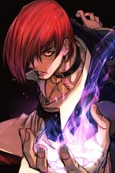 Rule 34 | 1boy, choker, fire, hungry clicker, male focus, open mouth, purple fire, pyrokinesis, red eyes, red hair, snk, solo, the king of fighters, yagami iori