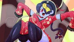 Rule 34 | 1girl, blue hair, blue skin, breasts, colored skin, detached sleeves, hat, highres, jiangshi, leviathan (skullgirls), open mouth, painting fish, red eyes, sideboob, skullgirls, squigly (skullgirls), stitched mouth, stitches, thighhighs, yellow eyes, zombie