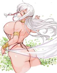 Rule 34 | 1girl, armlet, ass, blush, bracelet, breasts, jewelry, large breasts, long hair, looking at viewer, looking back, necklace, sachito, shawl, sideboob, smile, solo, white hair, yellow eyes