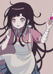 Rule 34 | 1girl, absurdres, apron, bandaged arm, bandages, black hair, blood, brown background, collared shirt, commentary request, cowboy shot, danganronpa (series), danganronpa 2: goodbye despair, dress shirt, green skirt, hands up, highres, holding, holding syringe, long hair, messy hair, mole, mole under eye, nk (dzzx8334), open mouth, pale skin, pink blood, pink eyes, pink shirt, pleated skirt, puffy short sleeves, puffy sleeves, purple hair, shirt, short sleeves, simple background, skirt, solo, syringe, tsumiki mikan, white apron