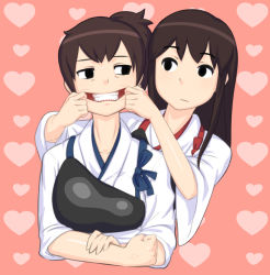 Rule 34 | 10s, 2girls, akagi (kancolle), anger vein, bad id, bad pixiv id, black eyes, brown hair, clenched hand, forced smile, heart, japanese clothes, kaga (kancolle), kantai collection, long hair, looking at another, multiple girls, muneate, noname (metaldragonfly), pink background, short hair, side ponytail, tasuki, teeth, upper body