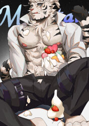 Rule 34 | 1boy, :q, abs, absurdres, alternate muscle size, alternate pectoral size, animal ears, arknights, bara, belt buckle, buckle, cake, come hither, doufujintianxianle, facial hair, food, food on body, food on face, food on pectorals, furry, furry male, goatee, high ponytail, highres, holding, holding cake, holding food, large pectorals, leg belt, looking at viewer, male focus, mountain (arknights), mountain (book reader) (arknights), muscular, muscular male, neck fur, nipples, official alternate costume, open fly, pectorals, pubic hair, pubic hair peek, scar, scar across eye, seductive smile, short hair, smile, solo, stomach, strawberry shortcake, thick eyebrows, thick thighs, thighs, tiger boy, tiger ears, tongue, tongue out, white hair