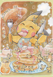 Rule 34 | blush, buneary, butter, chibi, creatures (company), cup, eating, evolutionary line, closed eyes, food, food focus, fork, game freak, gen 1 pokemon, gen 2 pokemon, gen 4 pokemon, holding, holding fork, knife, nintendo, no humans, oda takashi, open mouth, pichu, pikachu, pokemon, pokemon (creature), raichu, syrup, teacup, teapot, too many