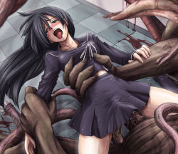 Rule 34 | 1girl, ahegao, arm grab, black hair, black skirt, blood, blush, faith (sbi), from above, fucked silly, holding waist with one hand, long hair, monster, open mouth, rape, school uniform, serafuku, sex, size difference, skirt, slime (substance), tears, tentacle sex, tentacles, tile floor, tiles, tongue, tongue out, torso grab, uniform, vaginal