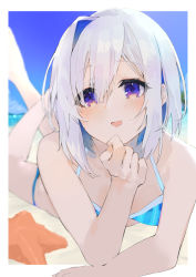 Rule 34 | 1girl, alternate costume, amane kanata, beach, bikini, blue bikini, blue hair, blue sky, blurry, blush, bob cut, breasts, colored inner hair, commentary, day, depth of field, eyelashes, hair between eyes, hand on own chin, head rest, highres, hinata (hinata-ur), hololive, looking at viewer, lying, multicolored hair, on stomach, open mouth, outdoors, purple eyes, short hair, silver hair, single hair intake, sky, small breasts, smile, solo, starfish, streaked hair, swimsuit, two-tone hair, virtual youtuber