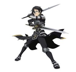 Rule 34 | 10s, 1boy, armor, black eyes, black hair, breastplate, dual wielding, full body, highres, holding, holding sword, holding weapon, kirito, looking at viewer, male focus, official art, short hair, simple background, solo, sword, sword art online, sword art online: code register, weapon, white background