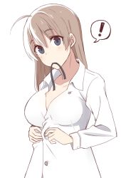 Rule 34 | !, 1girl, ahoge, blue eyes, blush, breasts, brown hair, closed mouth, collarbone, dressing, large breasts, long hair, looking at viewer, lynette bishop, momiji7728, mouth hold, ribbon, ribbon in mouth, shirt, simple background, solo, speech bubble, standing, strike witches, upper body, white background, white shirt, world witches series
