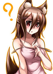 Rule 34 | 1girl, ?, animal ears, bad id, bad pixiv id, bare shoulders, breasts, brown hair, chestnut mouth, cleavage, clothes pull, dress pull, original, pako (moto paco), pulled by self, red eyes, simple background, solo, strap slip, tail, white background