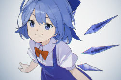 Rule 34 | 1girl, blue bow, blue dress, blue eyes, blue hair, bow, bowtie, cirno, closed mouth, collared shirt, dress, flat chest, hair bow, ice, ice wings, leaning forward, necktie, pikumin, pinafore dress, puffy short sleeves, puffy sleeves, red necktie, shirt, short hair, short sleeves, sleeveless dress, smile, solo, touhou, upper body, white background, white shirt, wings