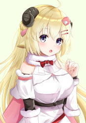Rule 34 | 1girl, blonde hair, blush, detached sleeves, hair ornament, hairclip, highres, hololive, horns, long hair, looking at viewer, open mouth, purple eyes, sheep horns, simple background, solo, tsunomaki watame, tsunomaki watame (1st costume), virtual youtuber