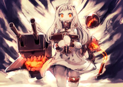 Rule 34 | 10s, 1girl, abyssal ship, ahoge, aircraft, airplane, cannon, colored skin, dress, genyaky, horns, kantai collection, long hair, mittens, northern ocean princess, pale skin, red eyes, solo, twitter username, white dress, white hair, white skin