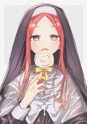 Rule 34 | 1girl, black dress, blush, bow, brown eyes, brown hair, candy, closed mouth, commentary request, cross, cross necklace, dress, food, forehead, glint, grey background, habit, highres, holding, holding candy, holding food, holding lollipop, jewelry, latin cross, lollipop, long hair, looking at viewer, necklace, nun, original, parted bangs, signature, sofra, solo, striped, striped bow, swirl lollipop, tongue, tongue out, traditional nun, two-tone background, very long hair, yellow bow
