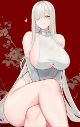 Rule 34 | 1girl, breasts, china dress, chinese clothes, clothing cutout, commentary request, dress, elbow gloves, gloves, hair over one eye, hayabusa, highres, long hair, looking at viewer, mole, mole under eye, original, red background, sideboob, sidelocks, silver hair, sitting, sleeveless, sleeveless dress, smile, solo, thick thighs, thighs, underboob, underboob cutout, very long hair, white dress, white gloves, yellow eyes
