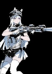 1girl :/ ammunition_pouch animal_ears assault_rifle baseball_cap black_background blunt_bangs bulletproof_vest closed_mouth cross_hair_ornament dog_ears expressionless fake_animal_ears fingerless_gloves girls&#039;_frontline girls&#039;_frontline_2:_exilium gloves goggles goggles_on_head gun h&amp;k_hk416 hair_ornament hat highres hk416_(girls&#039;_frontline) holster long_hair magazine_(weapon) multicolored_eyes osakana_(denpa_yun&#039;yun) pleated_skirt pouch reloading rifle simple_background skirt solo suppressor thigh_holster thighhighs very_long_hair weapon white_hair white_skirt white_thighhighs