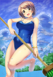 Rule 34 | 1girl, :d, bare legs, barefoot, blush, bracelet, breasts, broom, brown eyes, brown hair, chain-link fence, cleaning brush, cleavage, cloud, collarbone, competition school swimsuit, covered navel, day, emanon123, empty pool, feet, fence, from below, highres, holding, holding broom, jewelry, knees together feet apart, large breasts, leg up, legs together, looking at viewer, looking down, one-piece swimsuit, open mouth, original, plant, pool, round teeth, running, school swimsuit, short hair, smile, solo, swimsuit, teeth, toes, tree, water, water drop