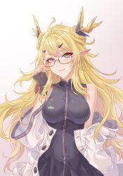 Rule 34 | 1girl, absurdres, arknights, bare shoulders, bespectacled, black dress, blonde hair, blue eyes, commentary, dress, glasses, gradient background, grey background, highres, horns, innoarukugyou, jacket, leizi (arknights), long hair, looking at viewer, off shoulder, pointy ears, sleeveless, sleeveless dress, smile, solo, upper body, very long hair, white background, white jacket