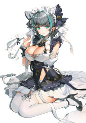 Rule 34 | 1girl, absurdres, aqua eyes, artist name, azur lane, bare shoulders, black bow, black dress, black footwear, blue hair, blue nails, blunt bangs, blush, bow, bow panties, breasts, cheshire (azur lane), cleavage, cleavage cutout, closed mouth, clothing cutout, commentary request, cowboy shot, detached sleeves, dress, fang, frilled hairband, frilled headband, frilled skirt, frills, hair ornament, hairband, high heels, highres, holding, holding clothes, holding panties, holding underwear, large breasts, long hair, looking at viewer, maid, maid headdress, multicolored hair, nail polish, nike (nike1060), panties, puffy detached sleeves, puffy short sleeves, puffy sleeves, short sleeves, simple background, sitting, skin fang, skirt, smile, solo, streaked hair, thighhighs, thighs, two-tone hair, underbust, underwear, unworn panties, waist cape, wariza, white background, white panties, white thighhighs, wrist cuffs, zettai ryouiki