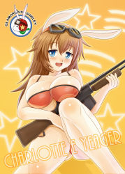 Rule 34 | 1girl, animal ears, bad id, bad pixiv id, blue eyes, breasts, brown hair, browning automatic rifle, charlotte e. yeager, goggles, gun, hamoto, highres, large breasts, long hair, machine gun, open mouth, rabbit ears, rabbit girl, rifle, smile, solo, strike witches, weapon, world witches series