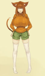 Rule 34 | 1girl, ^ ^, animal ears, breasts, brown hair, cat ears, cat tail, closed eyes, full body, green shorts, hands on own hips, haruka (muneneko), huge breasts, legs apart, long hair, long sleeves, muneneko, no shoes, orange shirt, original, ribbed sweater, sepia background, shirt, shorts, simple background, smile, solo, standing, sweater, tail, thighhighs, turtleneck, turtleneck sweater, white thighhighs