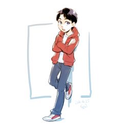 Rule 34 | 1boy, against wall, billy batson, black hair, blue eyes, child, crossed arms, dc comics, hood, hoodie, leaning, male focus, open clothes, open hoodie, pants, red hoodie, sen (sen69), shazam, shoes, short hair, solo, young justice