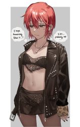 Rule 34 | 1girl, absurdres, black bra, black jacket, black skirt, bra, breasts, collarbone, commentary, cross, cross earrings, earrings, english commentary, english text, hair between eyes, han soo-min (hanny), hanny (uirusu chan), highres, jacket, jewelry, lace trim, leather, leather jacket, looking away, multiple earrings, navel, necklace, original, pantyhose, red hair, ring, ring necklace, see-through, see-through legwear, short hair, skirt, small breasts, solo, studded jacket, sweatdrop, thought bubble, underwear