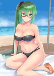 Rule 34 | .live, beach, bikini, blurry, blurry background, blush, breasts, cleavage, collarbone, green eyes, green hair, hair between eyes, highres, kagura suzu (.live), large breasts, long hair, looking at viewer, navel, ocean, sad, shade, side ponytail, sky, solo, swimsuit, tipo (tipoplaza), virtual youtuber