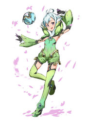 Rule 34 | 1boy, :d, absurdres, aotsuba, armpits, ball, blue hair, blush, floren (xenoblade), full body, gloves, green thighhighs, highres, looking at viewer, male focus, nintendo, open mouth, purple eyes, silver hair, simple background, smile, solo, thighhighs, trap, white background, xenoblade chronicles (series), xenoblade chronicles 2