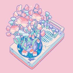Rule 34 | artist name, commentary, flower, highres, hiro046k, house, leaf, no humans, original, phonograph, pink background, pink flower, plant, record, simple background, sparkle, still life, turntable, twitter username, white flower