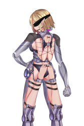 Rule 34 | 1girl, arms behind back, bdsm, blindfold, blonde hair, commentary request, cuffs, dildo gag, elf, exoskeleton, gag, gagged, haimei1980, hand on own hip, highres, joints, looking at viewer, looking back, mechanical arms, mechanical legs, original, pointy ears, reverse prayer, robot joints, second-party source, shackles, simple background, skindentation, solo, standing, thumbcuffs, toecuffs, variant set, vial, white background
