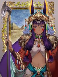 Rule 34 | 1girl, animal ears, artist request, bad id, bad twitter id, blunt bangs, cape, closed mouth, dark-skinned female, dark skin, desert, earrings, egyptian, egyptian clothes, facial mark, fate/grand order, fate (series), framed, fur trim, hair between eyes, hair ornament, hair tubes, holding, holding staff, hoop earrings, index finger raised, jewelry, long hair, looking at viewer, navel, nitocris (fate), picture frame, purple eyes, purple hair, pyramid (structure), rabbit ears, ring, smile, solo, staff, standing, thumb ring, tiara, turban, upper body, very long hair