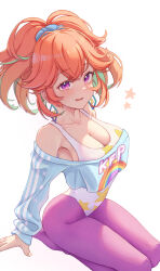Rule 34 | 1girl, absurdres, breasts, cleavage, collarbone, earrings, high ponytail, highres, hololive, hololive english, jewelry, large breasts, leotard, multicolored hair, orange hair, pants, ponytail, seiza, shironekokfp, sitting, solo, streaked hair, takanashi kiara, virtual youtuber, yoga pants