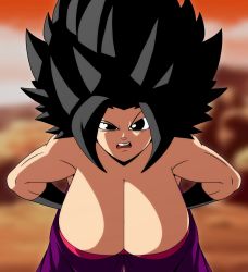 Rule 34 | 1girl, absurdres, black eyes, black hair, blindstash, bracelet, breasts, caulifla, cleavage, clothes, curious, dragon ball, dragon ball super, female focus, highres, huge breasts, jewelry, large breasts, looking at viewer, medium hair, muscular, muscular female, open mouth, presenting, saiyan, solo