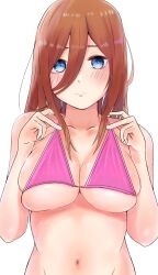 Rule 34 | 1girl, absurdres, bikini, blue eyes, blush, breasts, brown hair, closed mouth, go-toubun no hanayome, hair between eyes, hands up, highres, large breasts, long bangs, long hair, looking at viewer, miwataku, nakano miku, navel, pink bikini, pulling own clothes, simple background, skindentation, solo, stomach, strap pull, swimsuit, upper body, white background