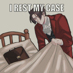 Rule 34 | 1boy, ace attorney, ascot, bed, black vest, brown hair, closed eyes, closed mouth, covering with blanket, drenacocrom, english text, formal, frilled ascot, frills, grey background, hair intakes, highres, impact (font), jacket, lapels, layered sleeves, long sleeves, male focus, miles edgeworth, pillow, pun, red jacket, red suit, shirt, short hair, solo, suit, suit jacket, suitcase, three-piece suit, too literal, vest, white ascot, white shirt