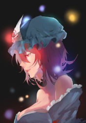 Rule 34 | 1girl, absurdres, adapted costume, bare shoulders, black background, breasts, cleavage, eyelashes, frilled sleeves, frills, half-closed eyes, hat, highres, light, light particles, lipstick, makeup, messy hair, mob cap, oh (pixiv 11740219), parted lips, pink eyes, pink hair, profile, red lips, red pupils, saigyouji yuyuko, short hair, solo, teeth, touhou, triangular headpiece