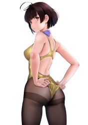 Rule 34 | 1girl, adjusting clothes, adjusting swimsuit, ahoge, ass, black pantyhose, brown eyes, brown hair, commentary request, commission, competition swimsuit, cowboy shot, from behind, gold one-piece swimsuit, highres, koutetsujou no kabaneri, looking at viewer, looking back, mumei (kabaneri), one-piece swimsuit, pantyhose, pantyhose under swimsuit, short hair, simple background, solo, standing, swimsuit, thighband pantyhose, wa (genryusui), white background