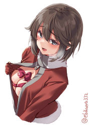 Rule 34 | 1girl, black hair, breasts, cleavage, ebifurya, gloves, hayasui (kancolle), highres, jacket, kantai collection, medium breasts, no bra, official alternate costume, open clothes, open jacket, red gloves, red jacket, red ribbon, ribbon, short hair, grey eyes, simple background, solo, twitter username, upper body, white background