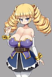 Rule 34 | 1girl, alternate breast size, archer (disgaea), belt, blue eyes, breasts, cleavage, disgaea, drill hair, elf, expressionless, highres, huge breasts, pointy ears, sawati, skirt, solo