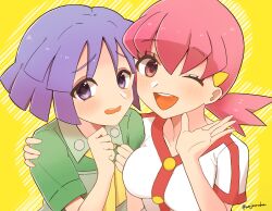 1boy 1girl blush breasts bugsy_(pokemon) creatures_(company) game_freak hair_ornament hairclip happy highres nintendo open_mouth pink_eyes pink_hair pokemon pokemon_hgss purple_eyes purple_hair smile wajou-uruha whitney_(pokemon)